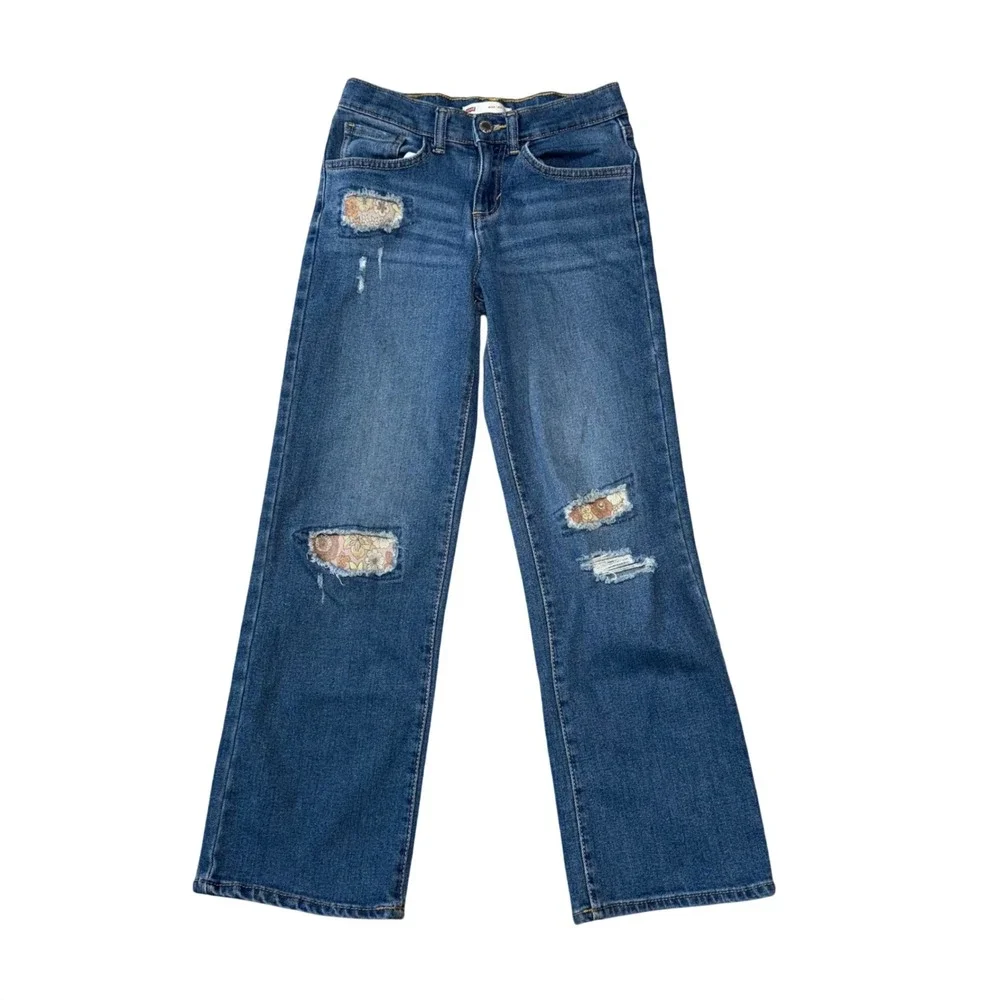 Levi's Kids Wide‎ Leg Jeans Distressed Floral Patch Blue Denim Size 12